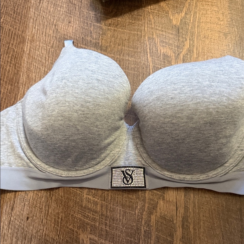 Victoria's Secret Gray Padded Strapless Bra with Embellished Logo